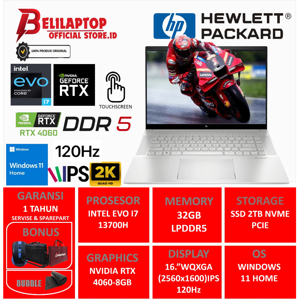 Laptop Gaming Tipis Hp Envy 16 Intel Core i7 13700H Ram 32Gb ssd 2TB 16.WQXGA IPS Touchscreen 120Hz