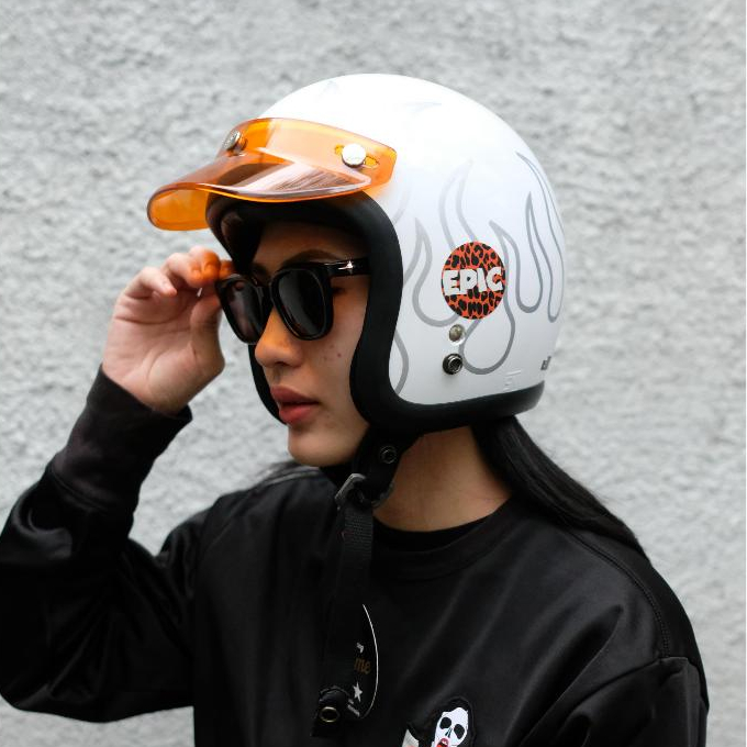 Epic Veil Slim Head EV-500 Open Face White Flame Pattern List Black Helm Half Face SNI