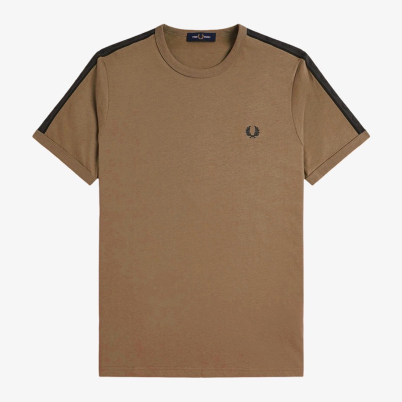 Fred Perry M4613 Y97 Contrast Ringer Taped Tshirt In Khaki / Black