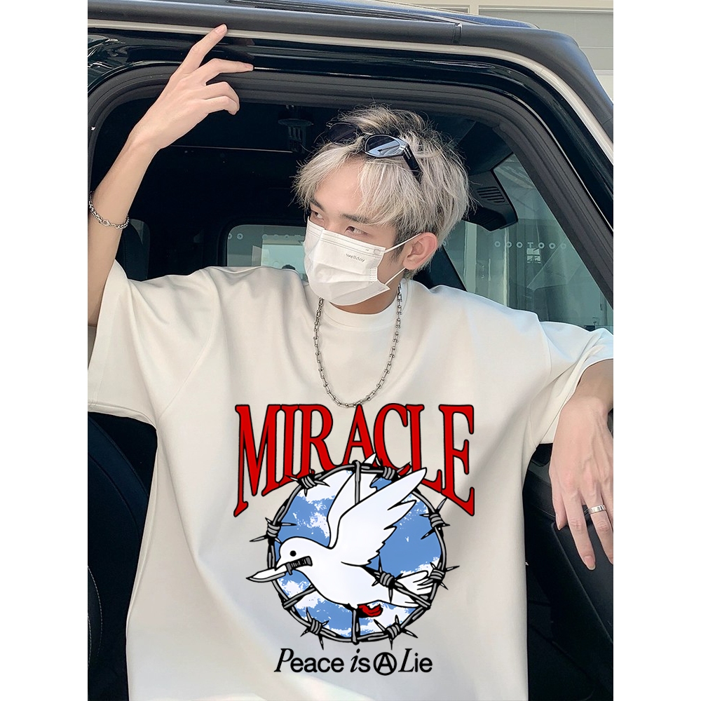 Kaos Putih Oversize Wanita Korean Style | T-shirt Lengan Pendek dengan Motif Burung Merpati Unik