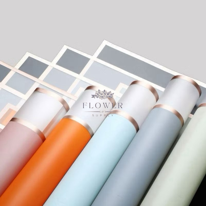 FLOWERSUPPLY - (5 LEMBAR) FLOWER WRAPPING TRANSPARAN GOLD FRAME CELLOPHANE WATERPROOF - KERTAS BUKET