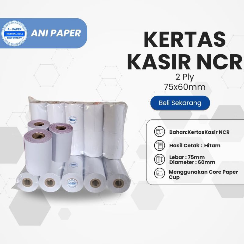 

Kertas struk kasir NCR 2ply P.M ukuran 75x60mm isi 10roll