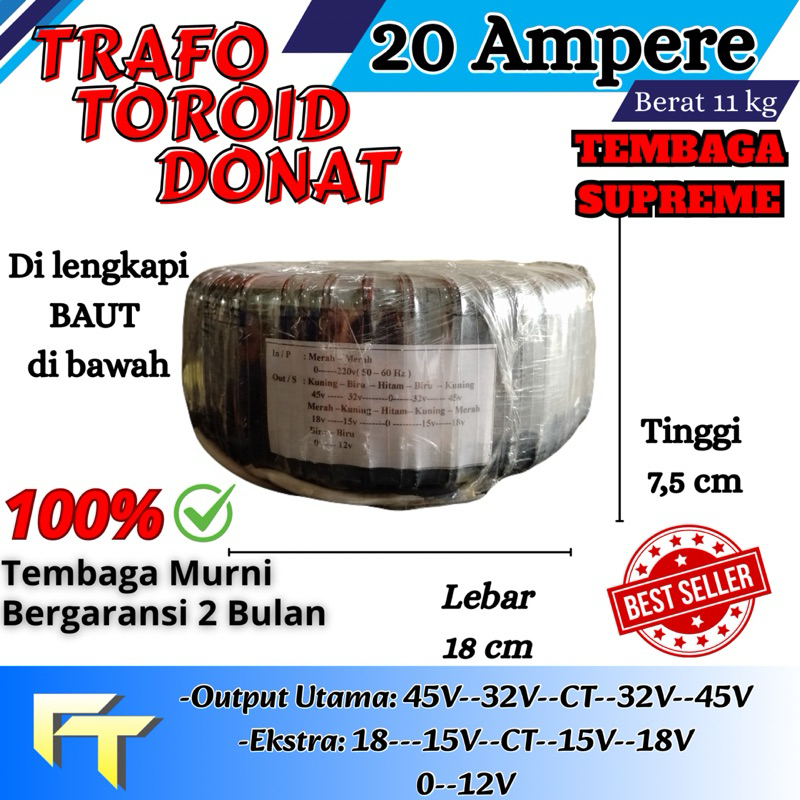 Trafo Toroid Donat 20A CT 45v - 32v murni