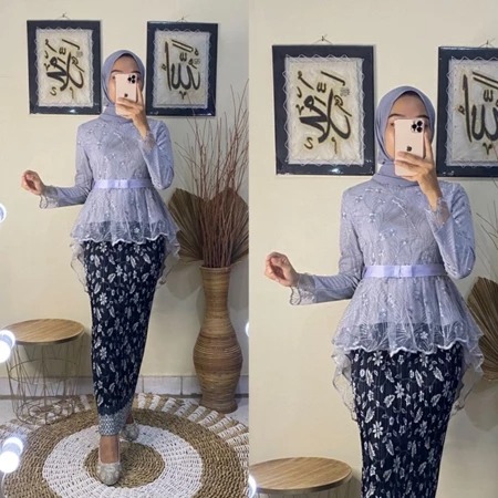 SETELAN KEBAYA AURORA TILLE + ROK PLISKET BATIK PANJANG DEWASA/BAJU KEBAYA WISUDA MODERN KEBAYA TILE