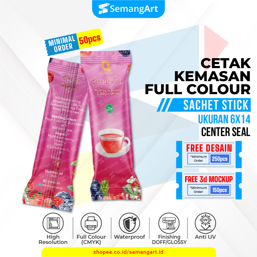 

Cetak Sachet 6x14 Kemasan Minuman Serbuk Collagen Protein Bar Makanan Full Printing Desain Custom