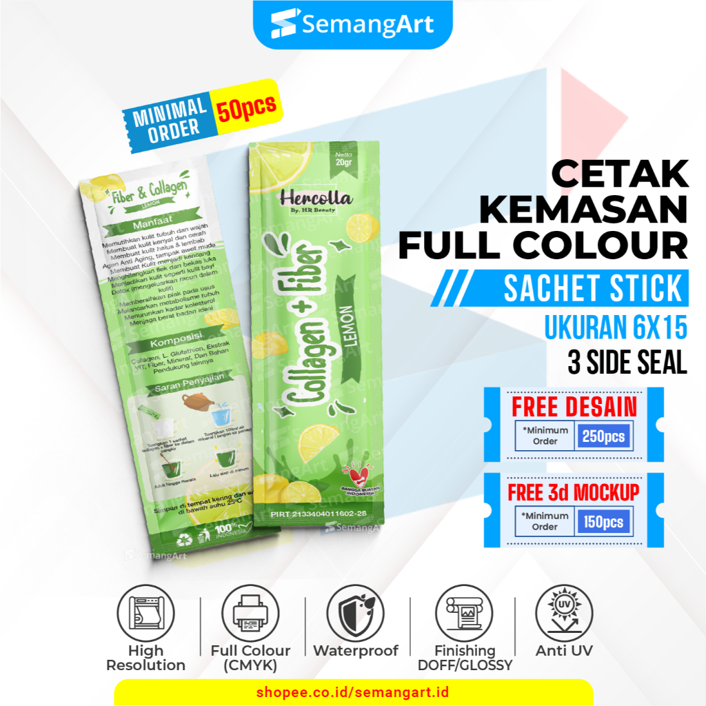 

Kemasan Sachet 6x15 Minuman Serbuk Collagen / Makanan Full Printing Desain Custom
