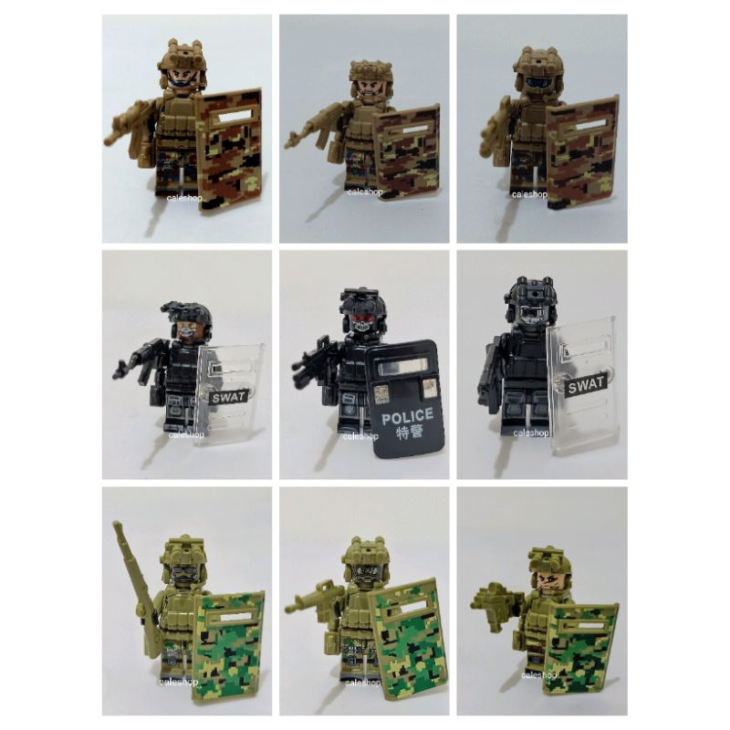 Caleshop Mainan Balok Anak  Figure Orang Tentara Swat Polisi Senjata Lengkap Perisai Tamengnya