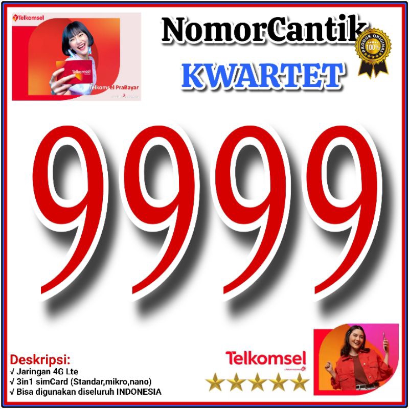 Perdana Telkomsel 9999 Nomor Cantik simpati As Loop Kwartet 4G LTE