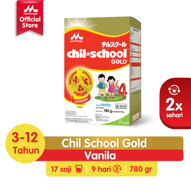 

Morinaga Chil School Gold Strawberry / Vanilla / Coklat 780g (2x390gr) Susu Formula Pertumbuhan Anak Usia 3-12 Tahun Chil-School