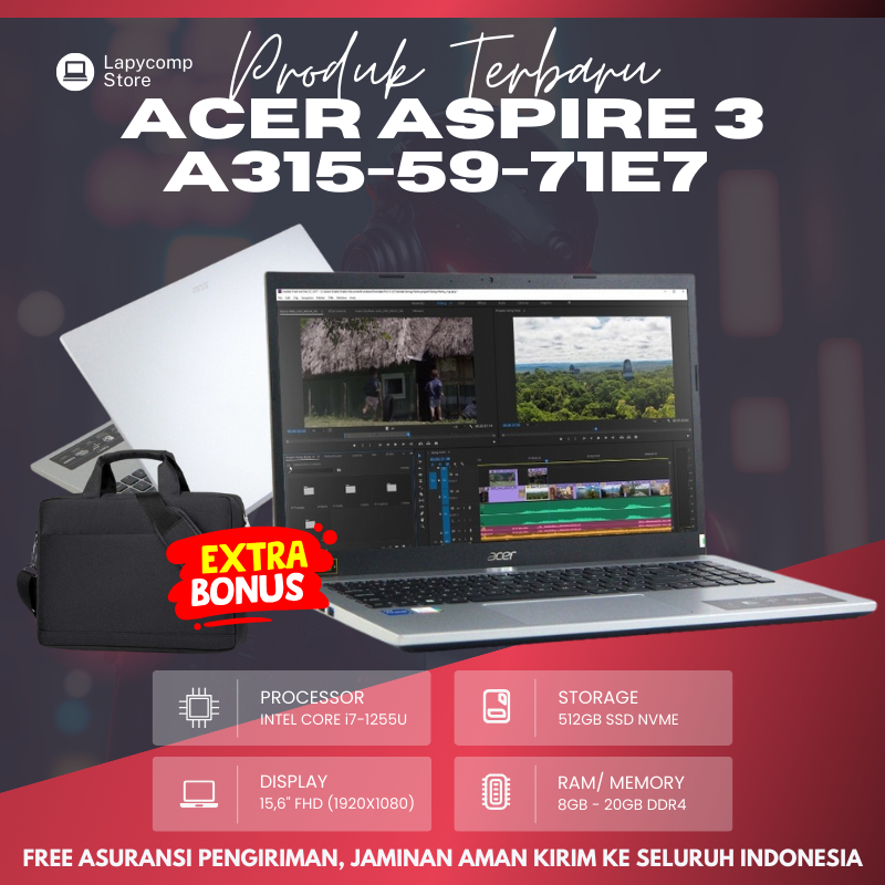 Laptop Baru ACER ASPIRE A315-59-71E7 Intel i7 Gen 12 Ram 8Gb Ssd 512Gb Layar Fhd 15.6" Bergaransi