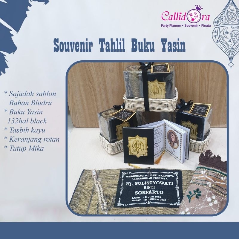 souvenir paket lengkap yasin, sajadah beludru sablon, tasbih/hampers mengenang 40 hari/100 harian ta
