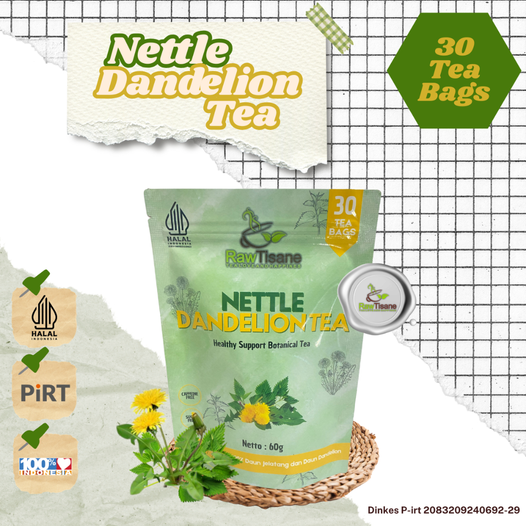 

RAW TISANE Nettle Dandelion Tea : Teh Celup Daun Jelatang & Daun Dandelion Isi 30 Tea Bag