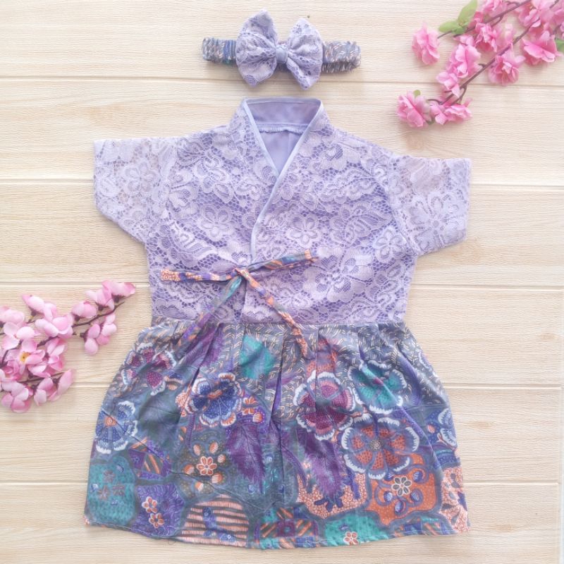Dress Kimono Anak Bayi 1 Tahun Baju Korea Hanbok Brukat Lavender Lilac Batik Katun Free Bando