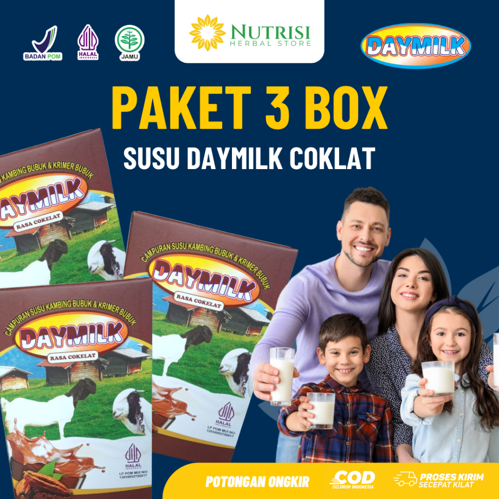 

[ PAKET 3 BOX ] Susu Kambing Daymilk Rasa Cokelat - Susu Kambing Etawa Murni Bubuk Premium - 200gr Halal BPOM