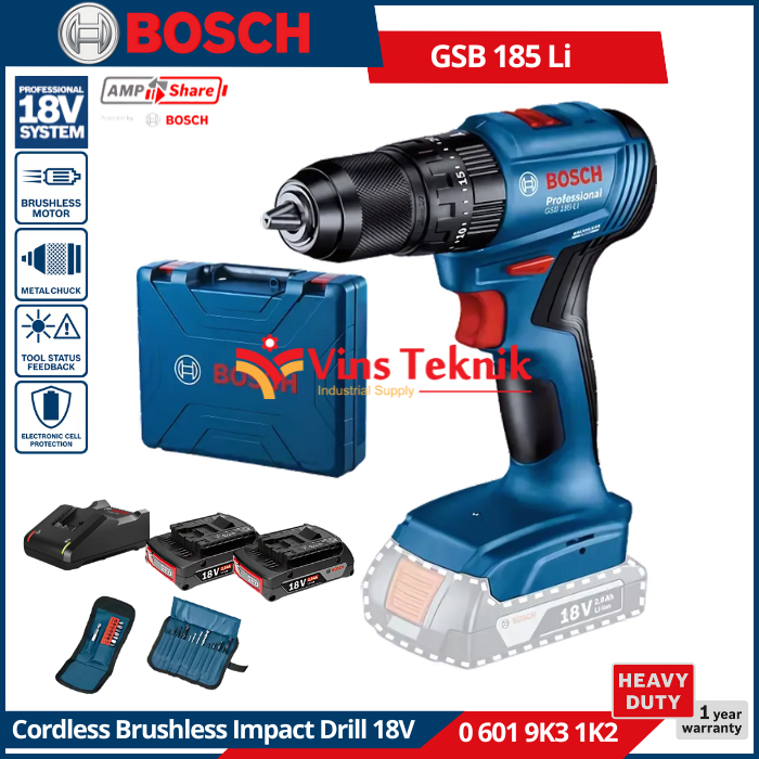 Brushless Impact Drill 18V Mesin Bor Tembok Baterai BOSCH GSB 185 LI + Aksesories