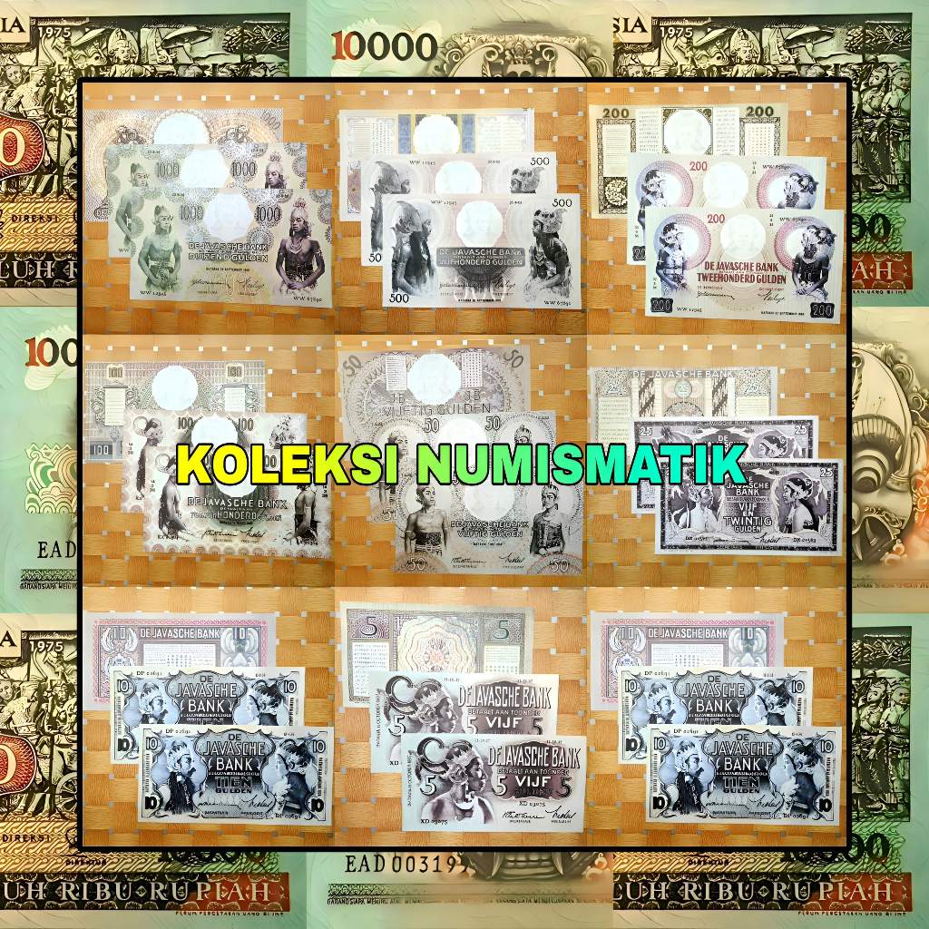 1 SET SOUVENIR REPRO UANG KERTAS KUNO HINDIA BELANDA GULDEN WAYANG ORANG 1934-68