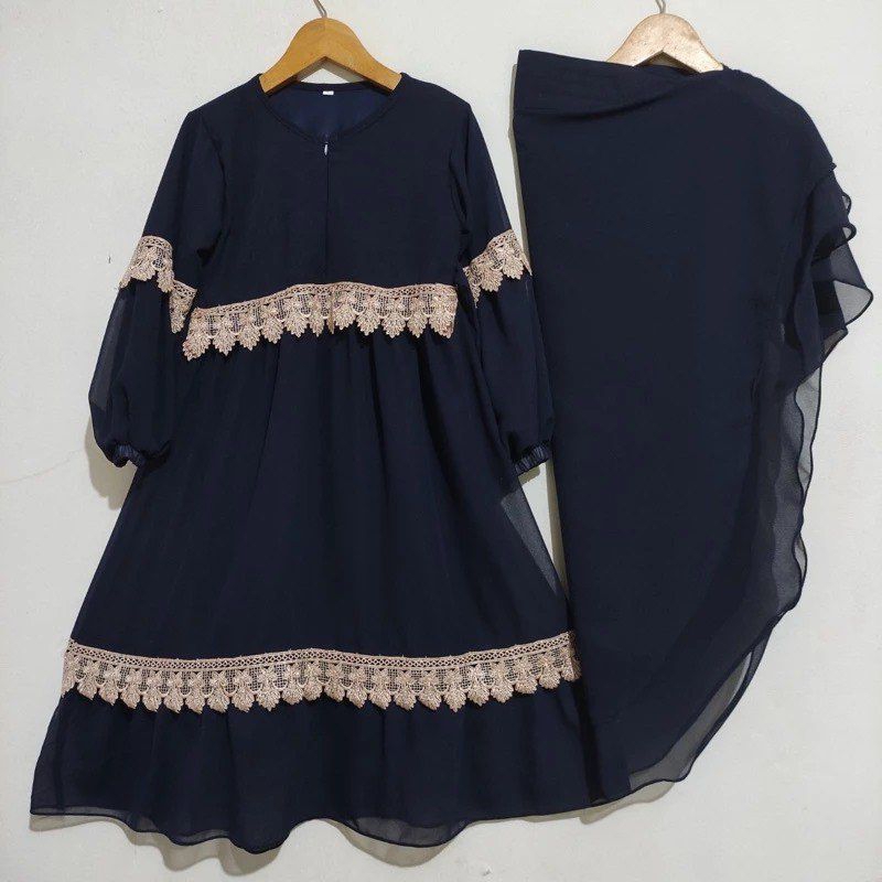 Baju Muslim Set Anak Perempuan/Gamis One Set Hijab Anak Ceruty Babydoll Full Puring Syari / 2-13 Tah