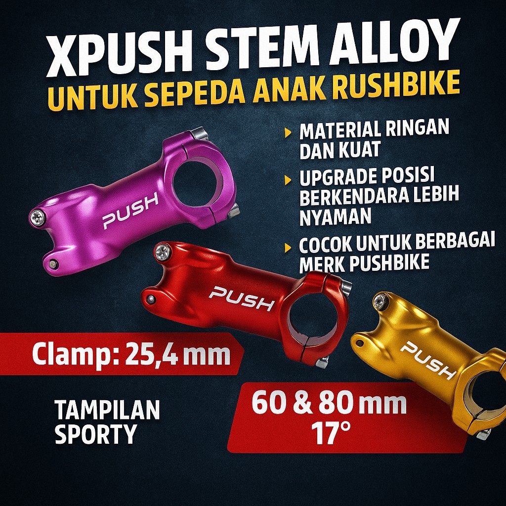 XPUSH Stem Alloy untuk Sepeda Anak Pushbike Balance Bike, Panjang 35/60/80/90mm, Clamp 25.4mm, Fork 