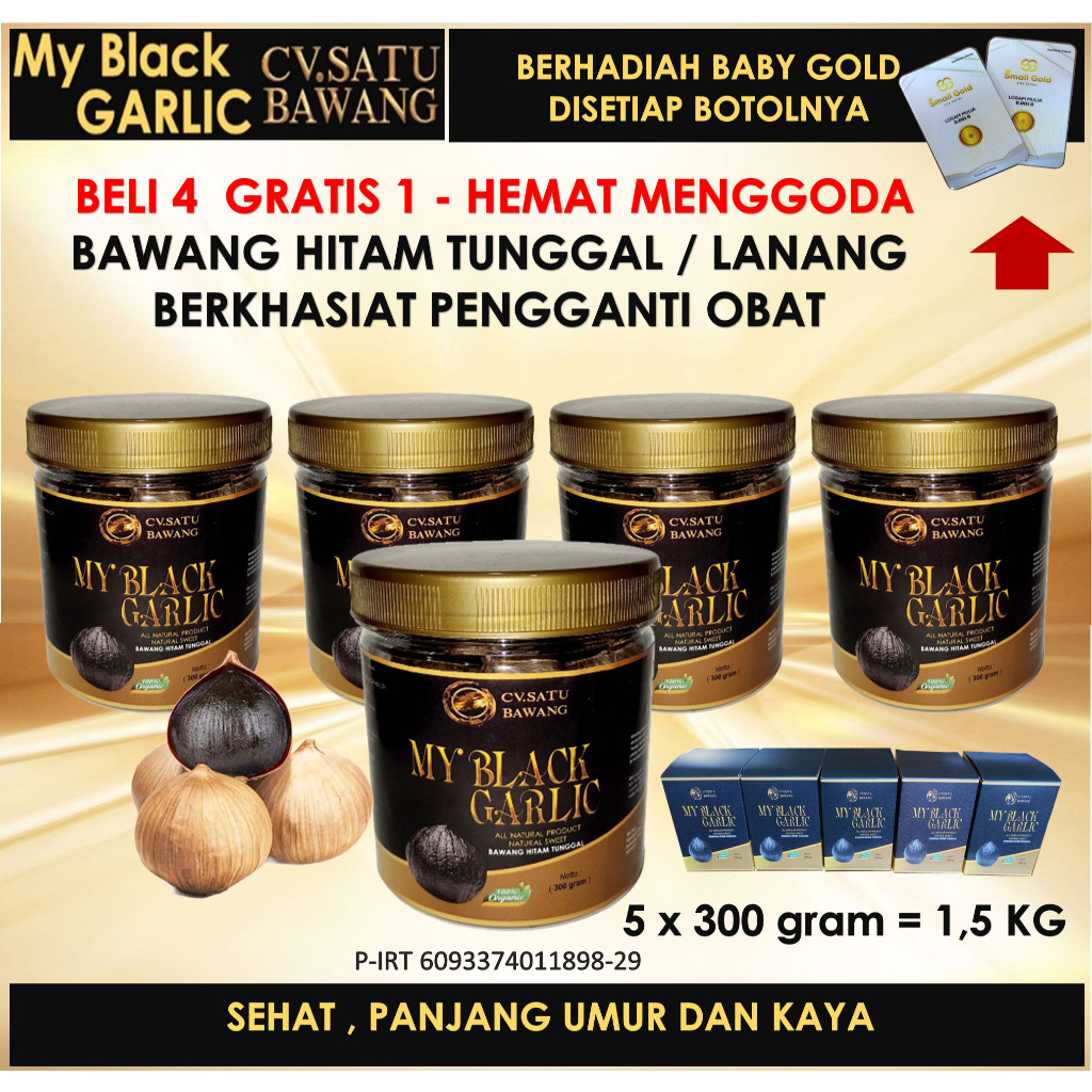 

Bawang Hitam Tunggal Bawang Lanang My Black Garlic CV.Satu Bawang Hemat Menggoda , BELI 4 GRATIS 1, kemasan 300 x 5 = 1.5 kg
