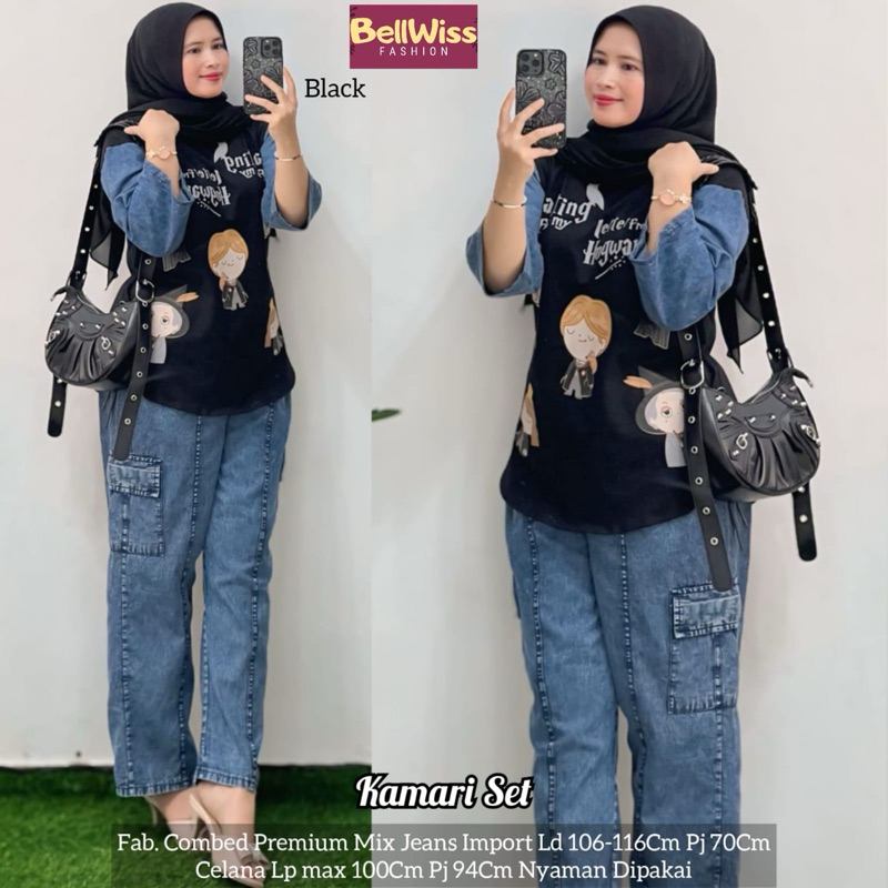 Kamari Set Kaos Karakter Jeans Wanita | Baju Setelan Remaja | Outfit Cewek Kekinian