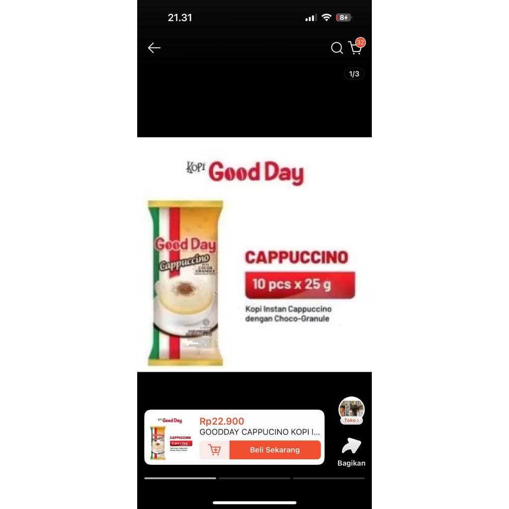 

RB Good Day Cappuccino Coffee kemasan sachet 25gr (isi 10bks)