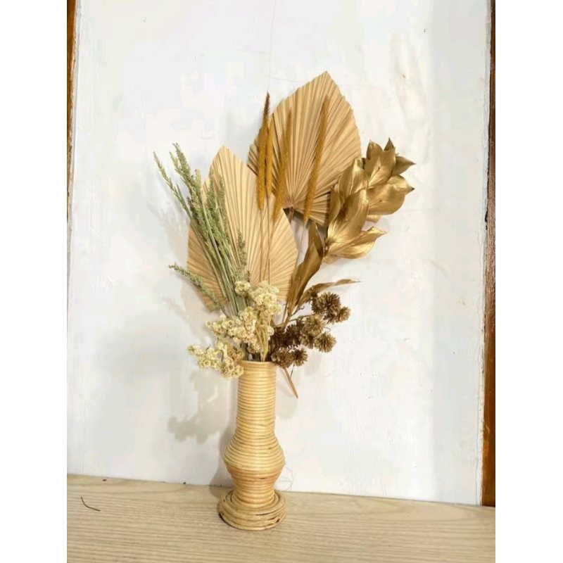 paket bunga dan vas untuk meja dekorasi bunga kering, daun palem kering dekorasi rustic aesthetic