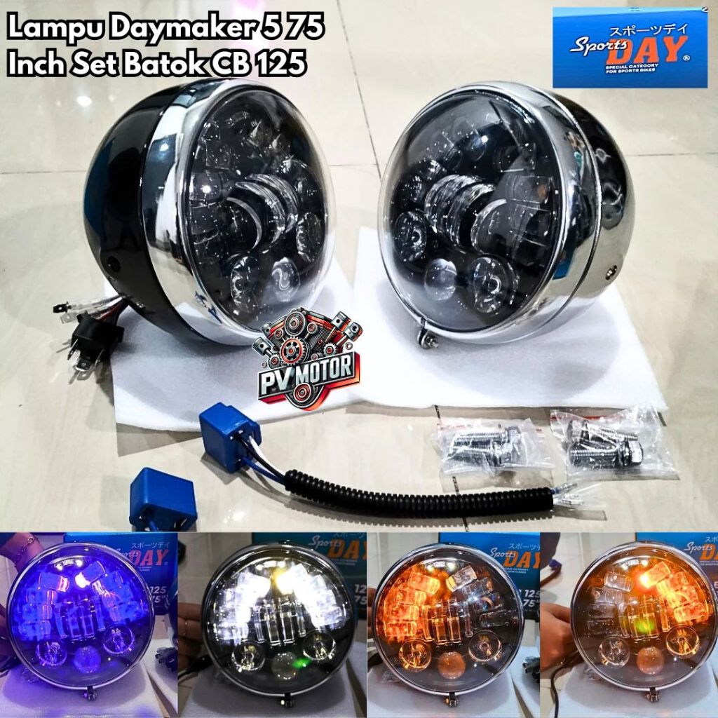 Lampu Depan Daymaker 5,75 Inch Senja Biru Set Batok CB 125 Chrome Black Import Build Up DAY PV Motor