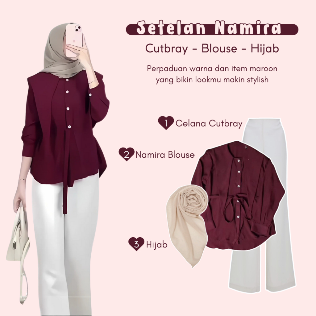 One Set Wanita Kekinian Setelan Blouse Namira Burgundy - Celana Cutbray - Hijab Outfit Kerja - LB027