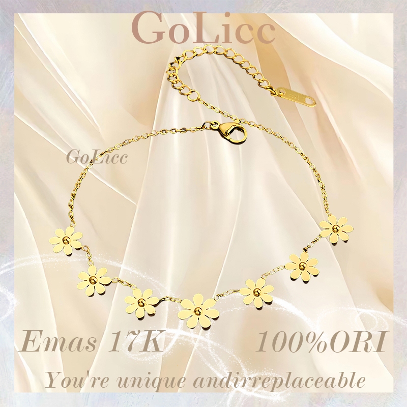 Gelang Wanita, Gelang Emas Tujuh Bunga Emas 17K, Gelang Rantai,Aksesoris Wanita - GoLicc