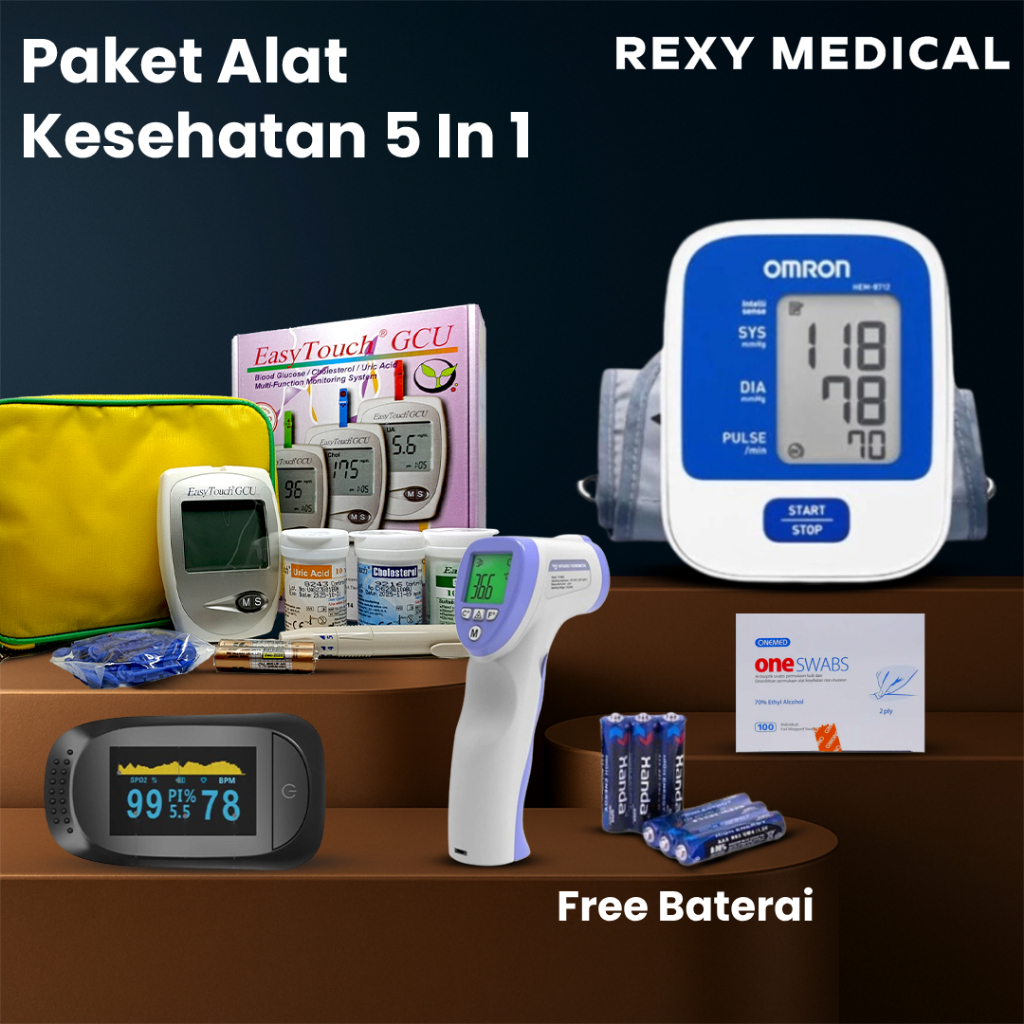Paket Lengkap Alat Kesehatan 5 in 1 Tensimeter Digital Omron 8712 Original Oxymeter Thermometer GCU 