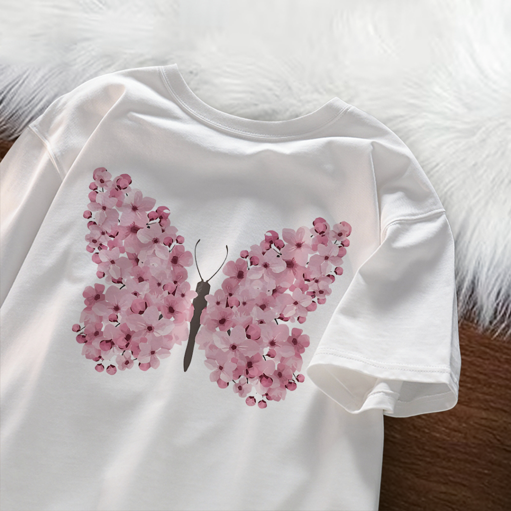 Louis - Kaos Lengan Pendek | Motif Kupu-Kupu Sayap Pink | Tshirt Wanita Oversize Street Style | Baha