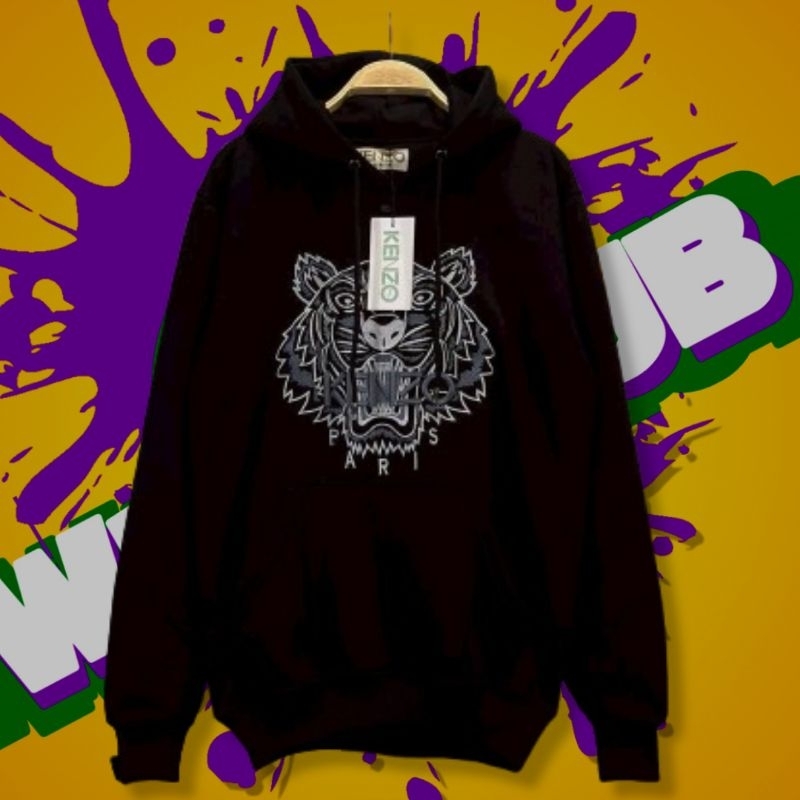 SWEATER HOODIE HITAM KNZ MACAN BORDIR PUTIH