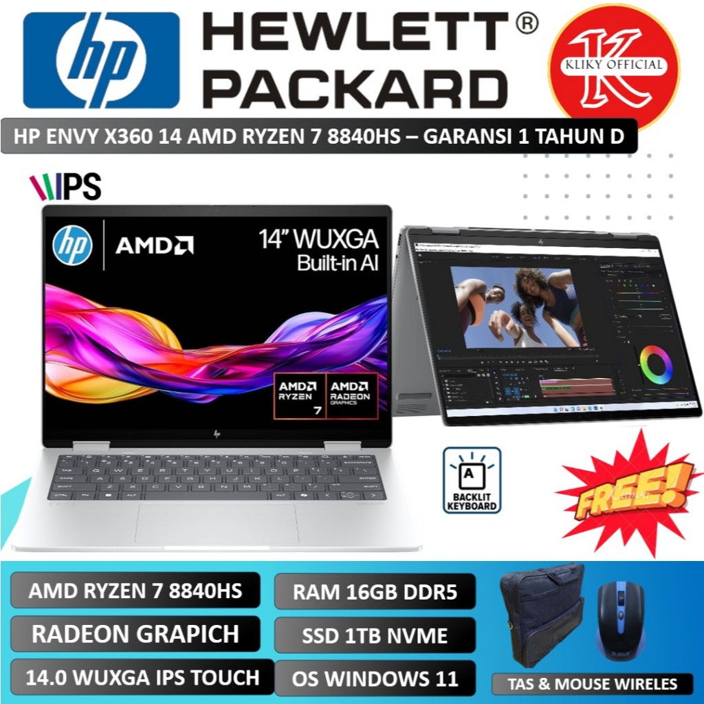 Laptop Touchscreen Hp Envy X360 Amd Ryzen 7 8840HS Ram 16Gb DDR5 Ssd 1Tb Wuxga Silver