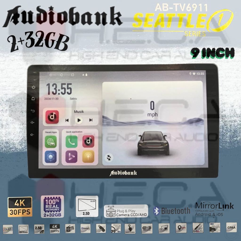 Audiobank Seattle 2/32 GB Android 9" Head Unit AB-TV6911 Double Din Tape Mobil 9 inch