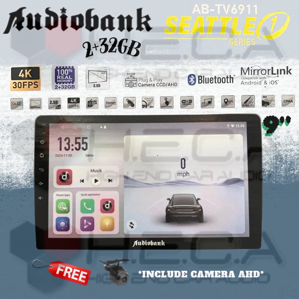 Audiobank Seattle 2/32 GB Android 9" Head Unit AB-TV6911 Double Din Tape Mobil 9 inch + Rear Camera 