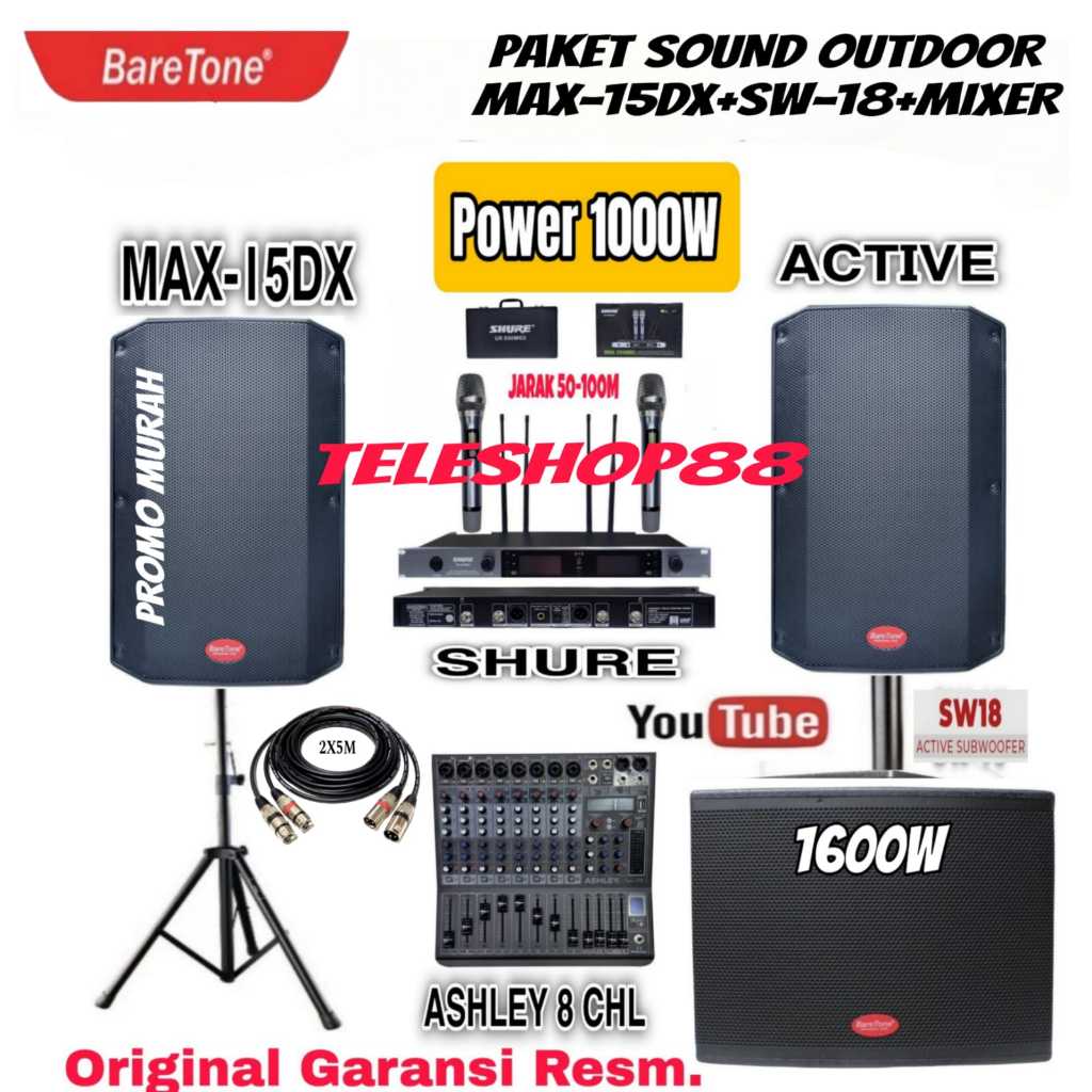 Paket Sound System Speaker Aktif 15 Inch Baretone MAX15DX RMS 1000Watt Original+Subwoofer Baretone S