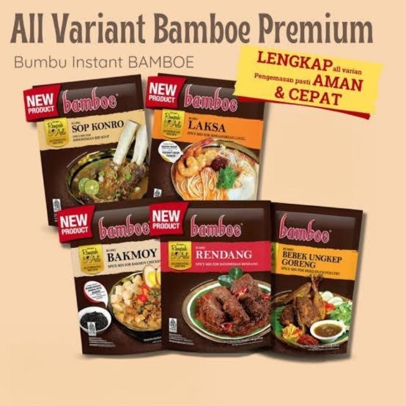 

BAMBOE PREMIUM BUMBU MASAK BAKMOY BEBEK UNGKEP GORENG LAKSA RENDANG SOP KONRO