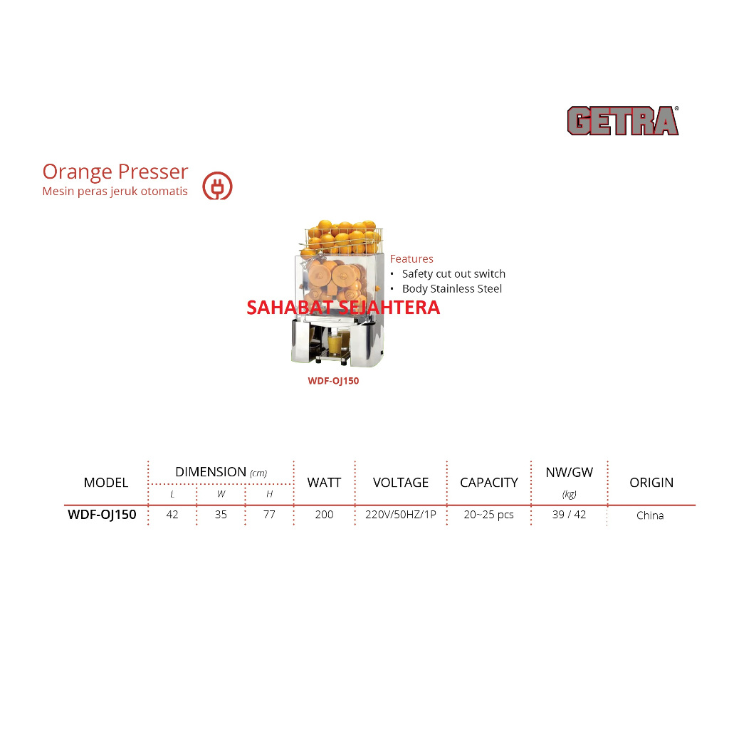 GETRA Orange Presser Otomatis WDF-OJ150 | Alat Pemeras Jeruk Elektrik | Juicer Otomatis Buah Jeruk
