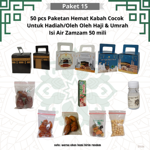 

paketan hemat cokil+almond+chandni KABAH 50 pcs untuk oleh oleh haji dan umroh (isi air zamzam 50 ml)