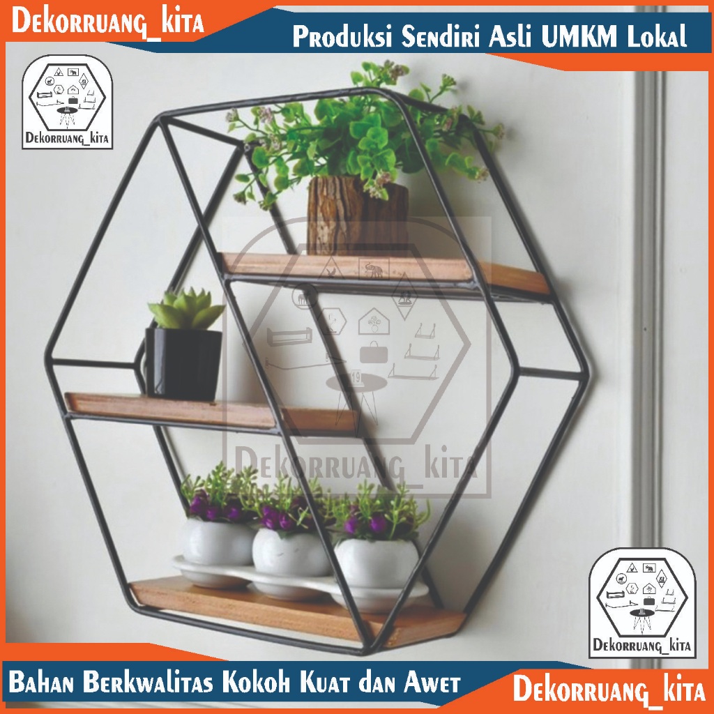 Rak Besi Hexagonal / Rak Dinding Besi Minimalis / Rak Dinding Hexagonal Ambalan Kayu