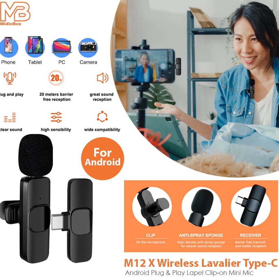 55HARGA SPESIAL Microphone Wireless Tipe M12X Lavalier Mic Clip On Vlog Smartphone Mikrophon Bluetoo
