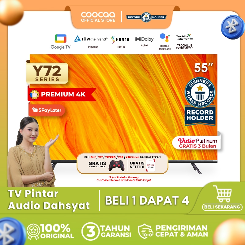 Coocaa 55Y72 Pro QLED 4K Google TV - Smart LED TV 55 Inch dengan Resolusi UHD dan Dukungan HDR10, HLG