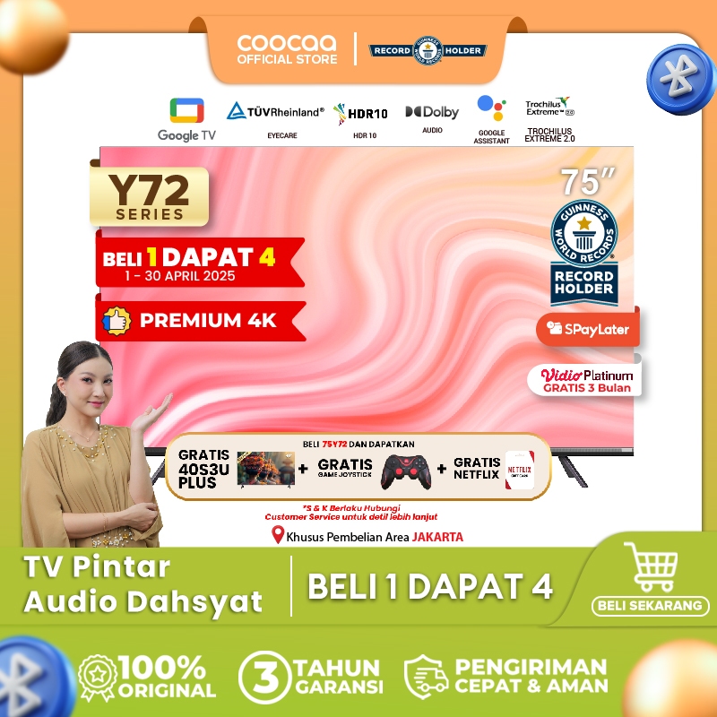COOCAA TV 75 inch Y72 - 4K GOOGLE TV - Smart TV - EYE CARE - Google Assistant - Dolby Audio - Low Bl