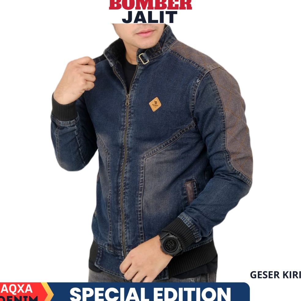55TREN TERBARU AQXA Jaket Jeans Denim Pria Bomber Jalit