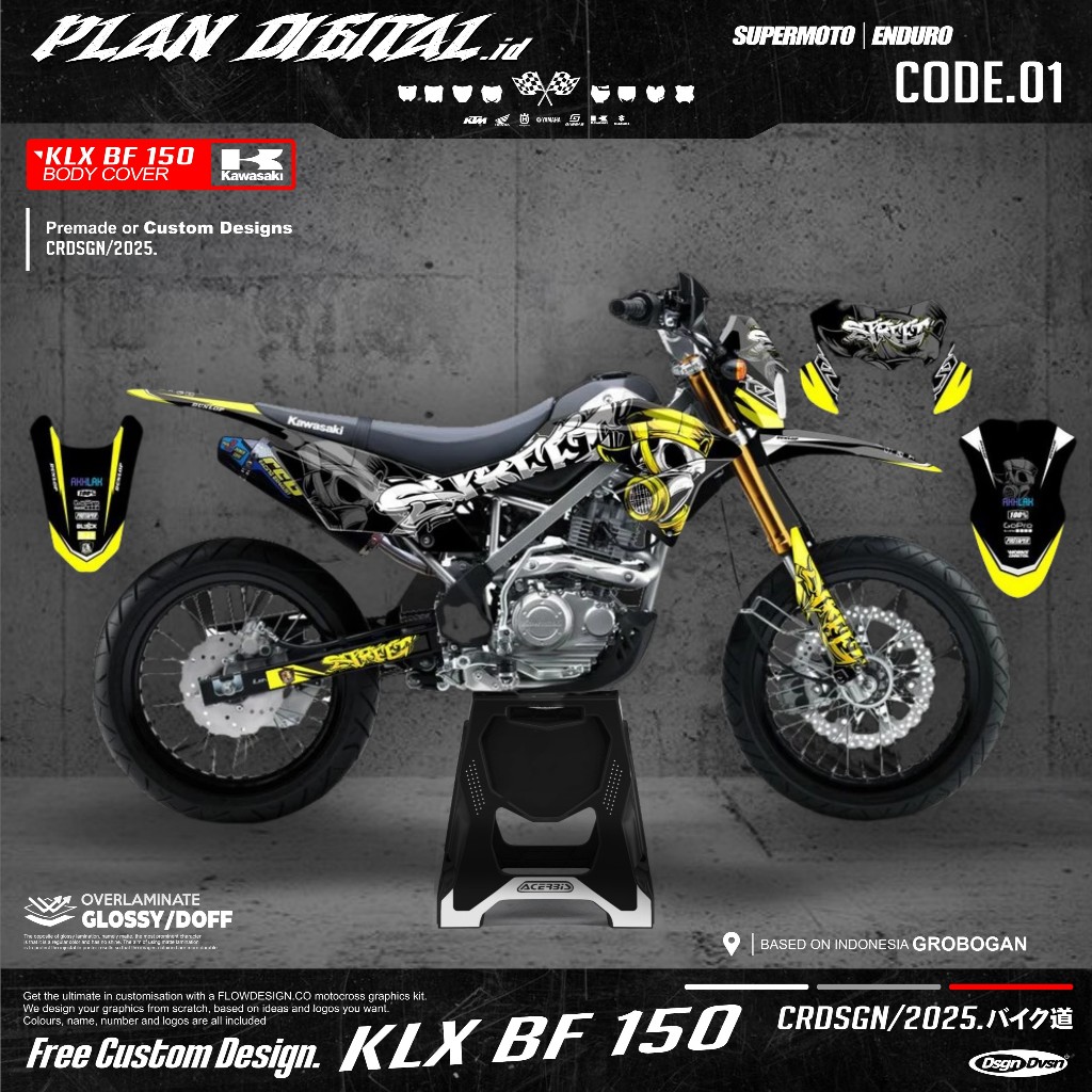 DECAL KLX BF 150 STREET 2025 MOTIF TENGKORAK , CROME HOLOGRAM SUPERGLOSSY FULLBODY BISA REQUES NAMA 