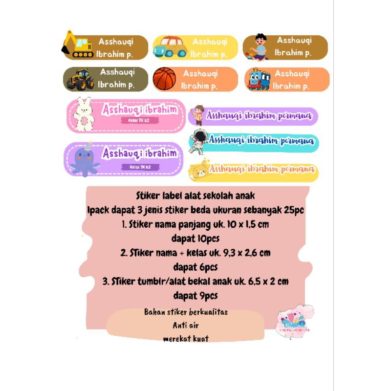 

Stiker Label alat sekolah Anak – Custom | Tahan Air & Awet bahan berkualitas stiker glossy 1pack 25pcs