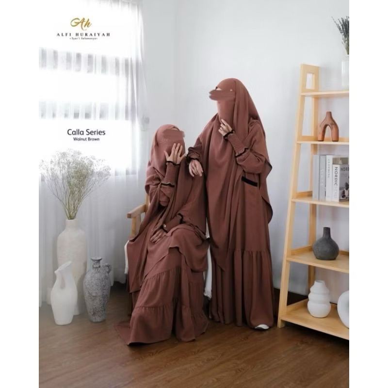 Walnut Brown Set Setelan Gamis Calla Two Tone Ori Alfi Huraiyah AH Khimar Fk French Khimar Jumbo Sya