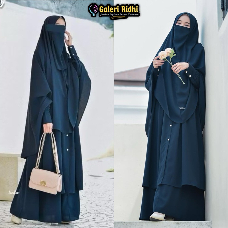NAVY Set Setelan Gamis Marwah Ori Azda khimar Non Pet Cadar Tali Wanita Muslimah Syari Ridhi.id