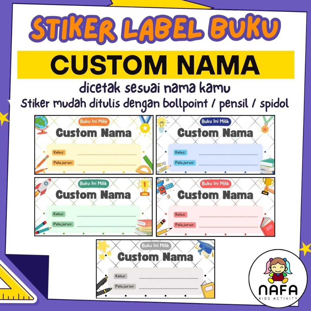 

Stiker Label Buku - Custom Nama Anak / Stiker Nama Buku / bahan doff mudah ditulis / desain menarik