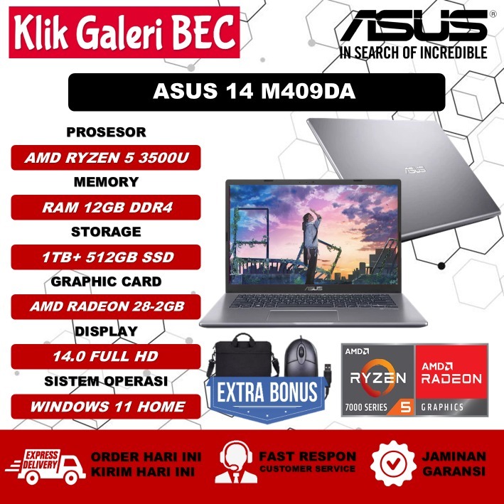 Laptop Gaming Murah Asus 14 M409DA Amd Ryzen 5 3500U Amd Radeo Vega 8 2GB Win11Home Grey